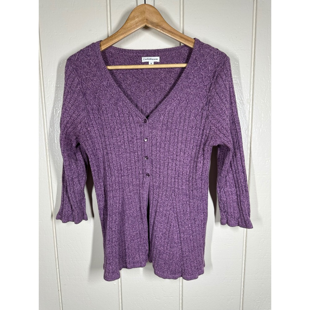 Croft & Barrow Cardigan Women M Purple V-Neck Button Front Ribbed Knit Sweater